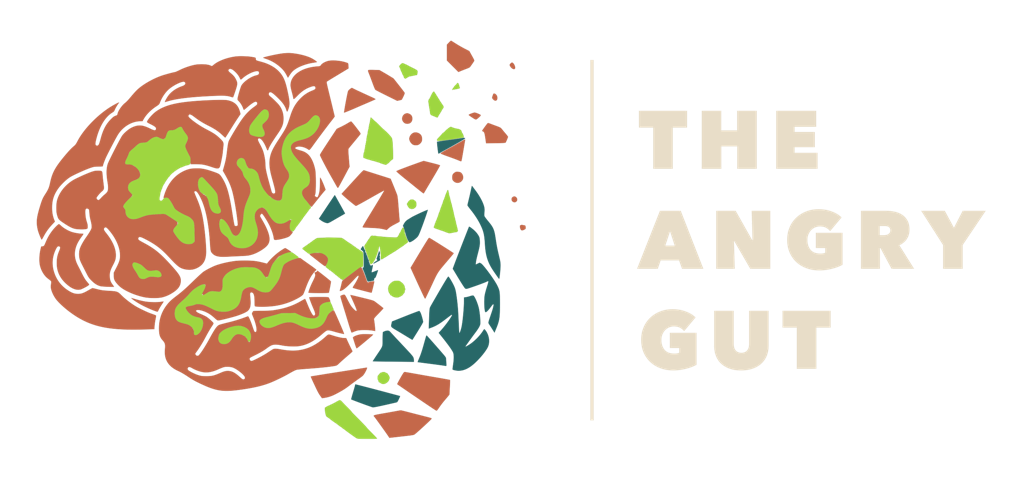 The Angry Gut lockup: the brain mark beside the words THE ANGRY GUT in cream on a deep bile ground