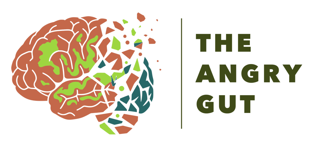 The Angry Gut logo: the brain mark in terracotta, lime and teal beside the wordmark THE ANGRY GUT in deep bile